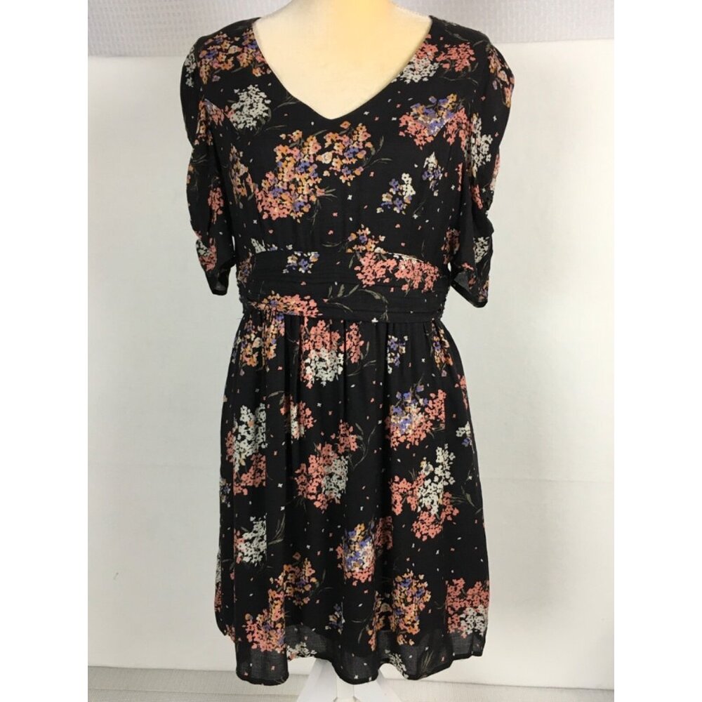 Fate Womens Dress Size L Black w Pink White Flowers Short Sleeves V neck New